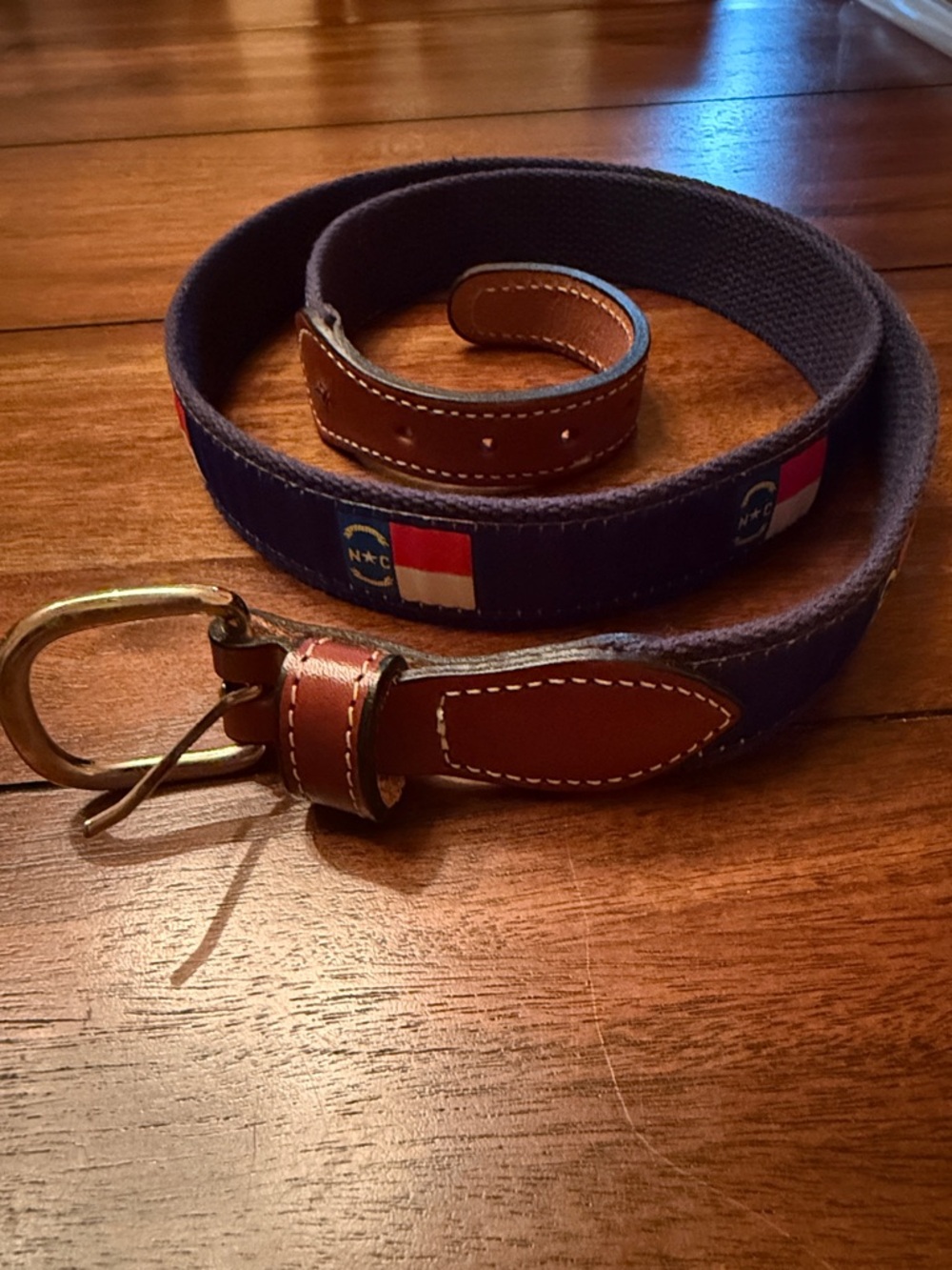 North Carolina State Flag Navy Ribbon Belt with Leather Tabs Sz 42
